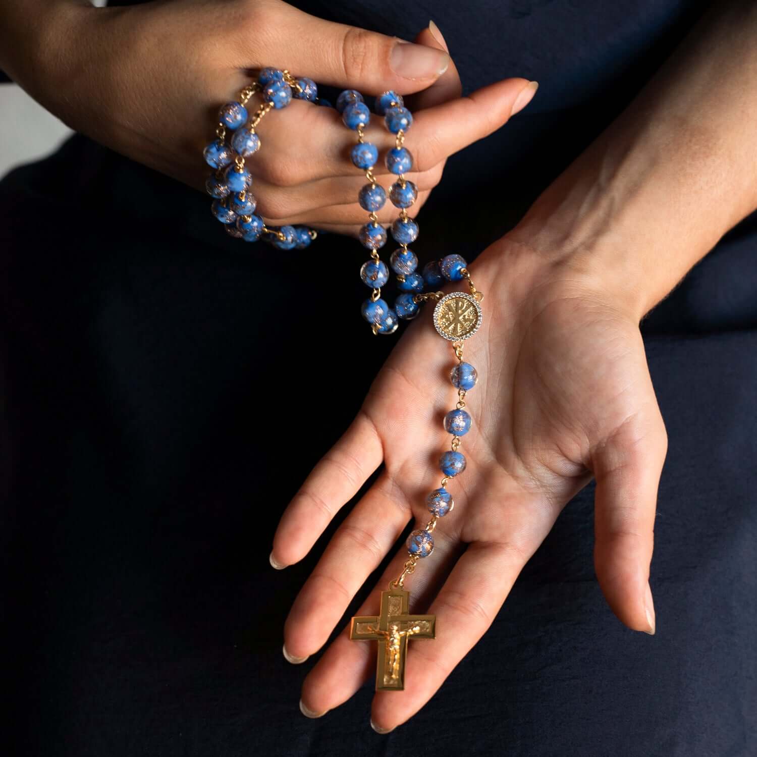 BLUE GLASS BEADS ROSARY - VERMEIL SILVER - Image 3