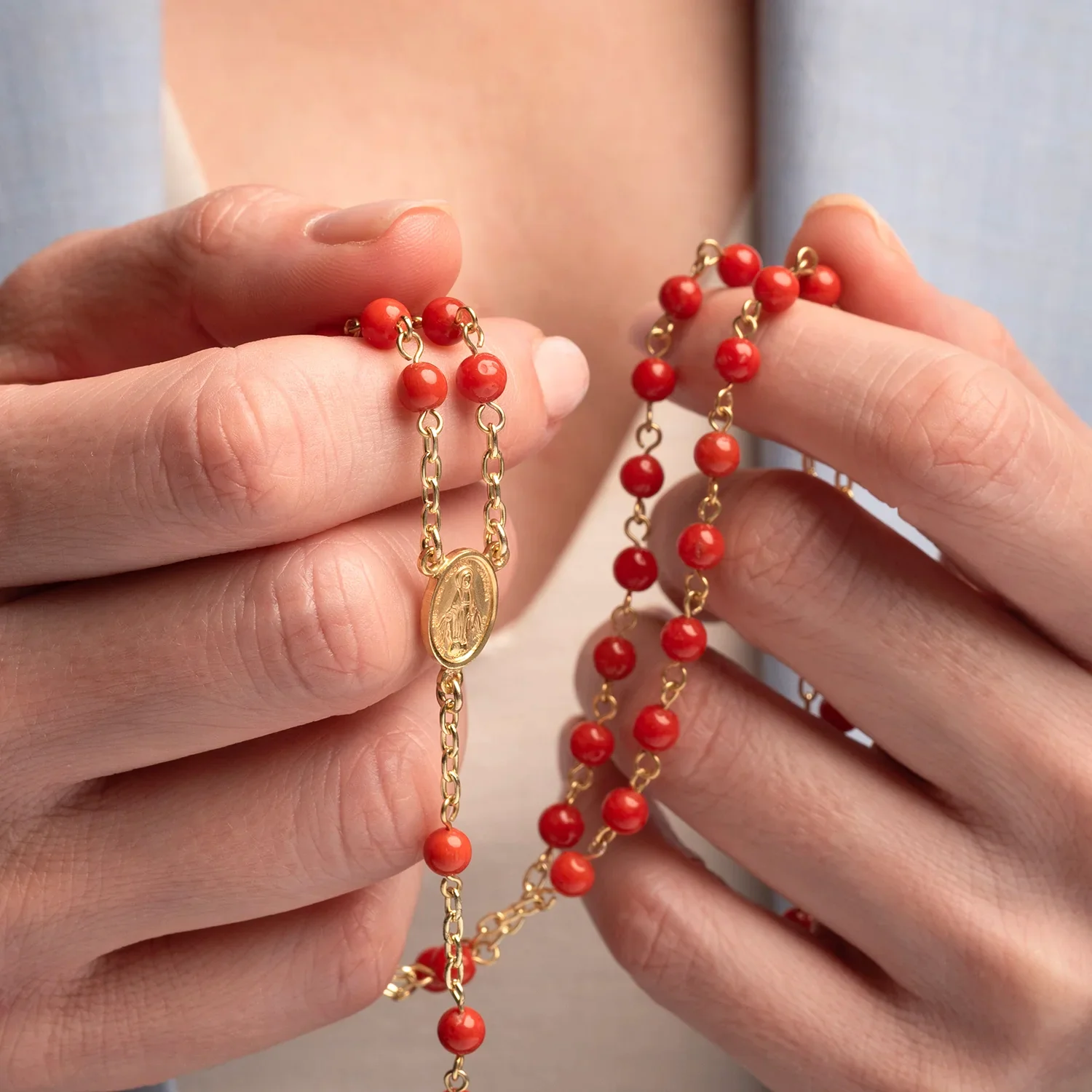 CORAL ROSARY - GOLDEN SILVER - Image 2