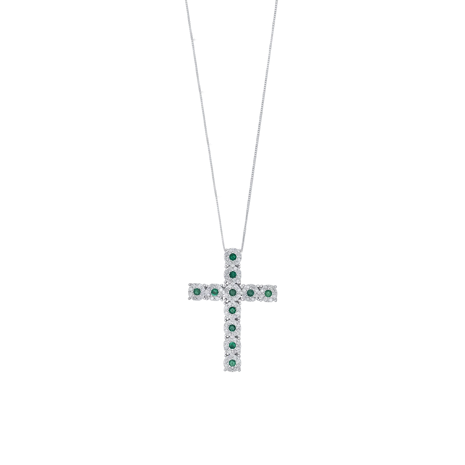 CROSS DIAMONDS NECKLACE - EMERALD AND WHITE GOLD