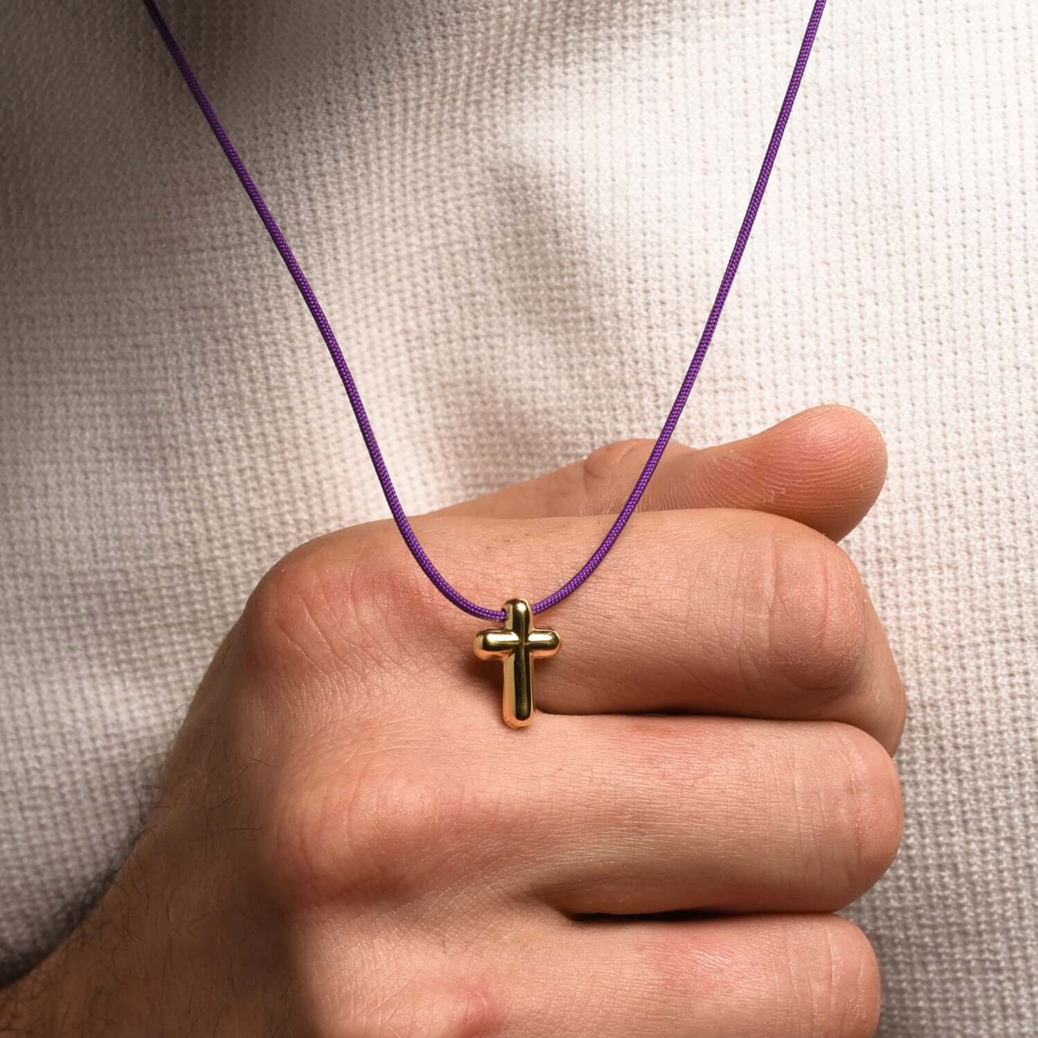 CROSS NECKLACE - PURPLE ROPE AND GOLDEN SILVER - Image 3