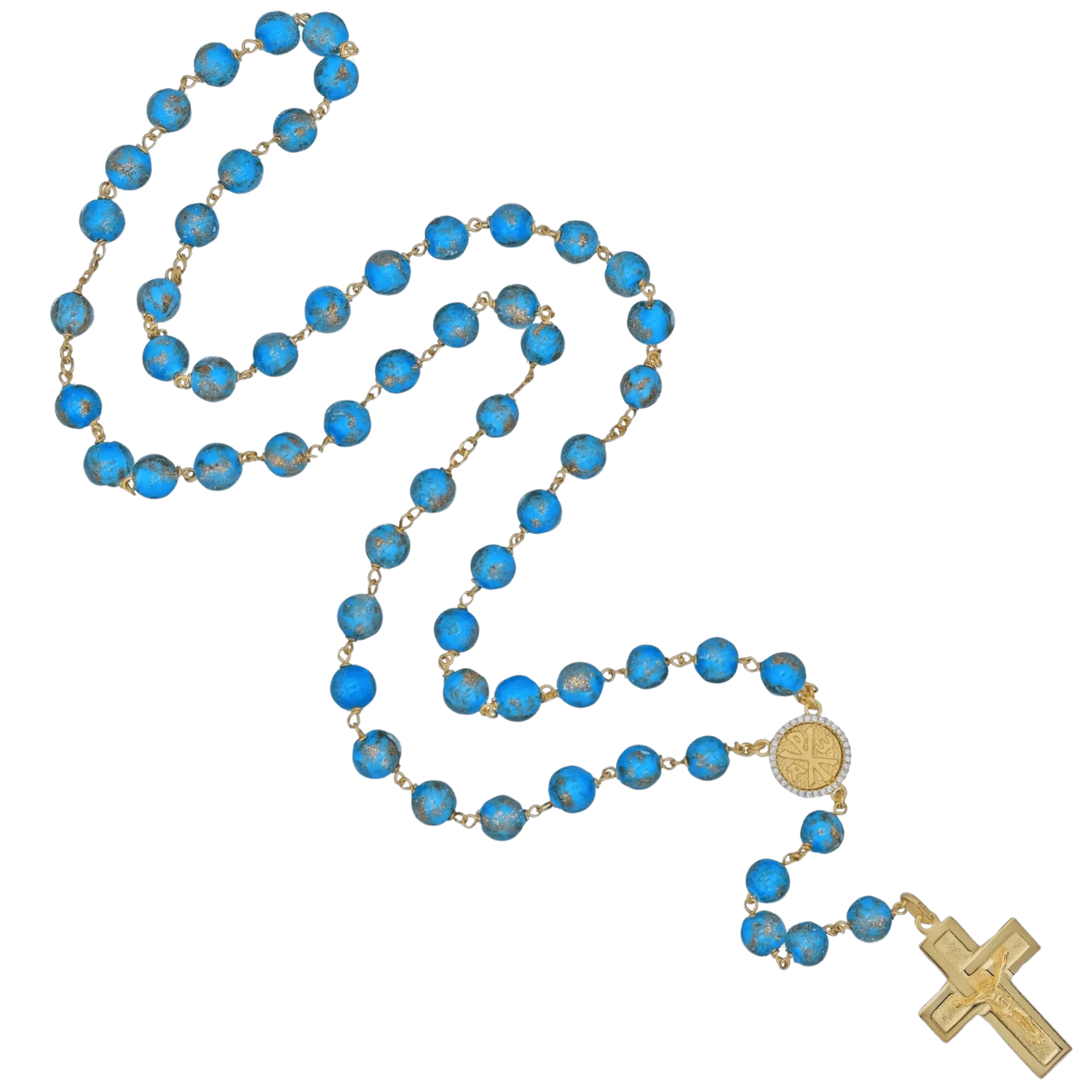LIGHT BLUE GLASS BEADS ROSARY - VERMEIL SILVER