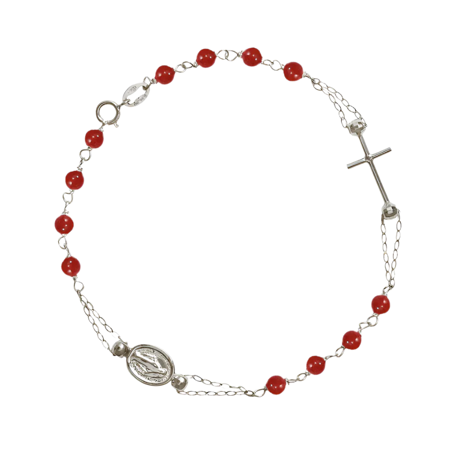 MIRACULOUS AND CROSS - CORAL ROSARY BRACELET - WHITE GOLD