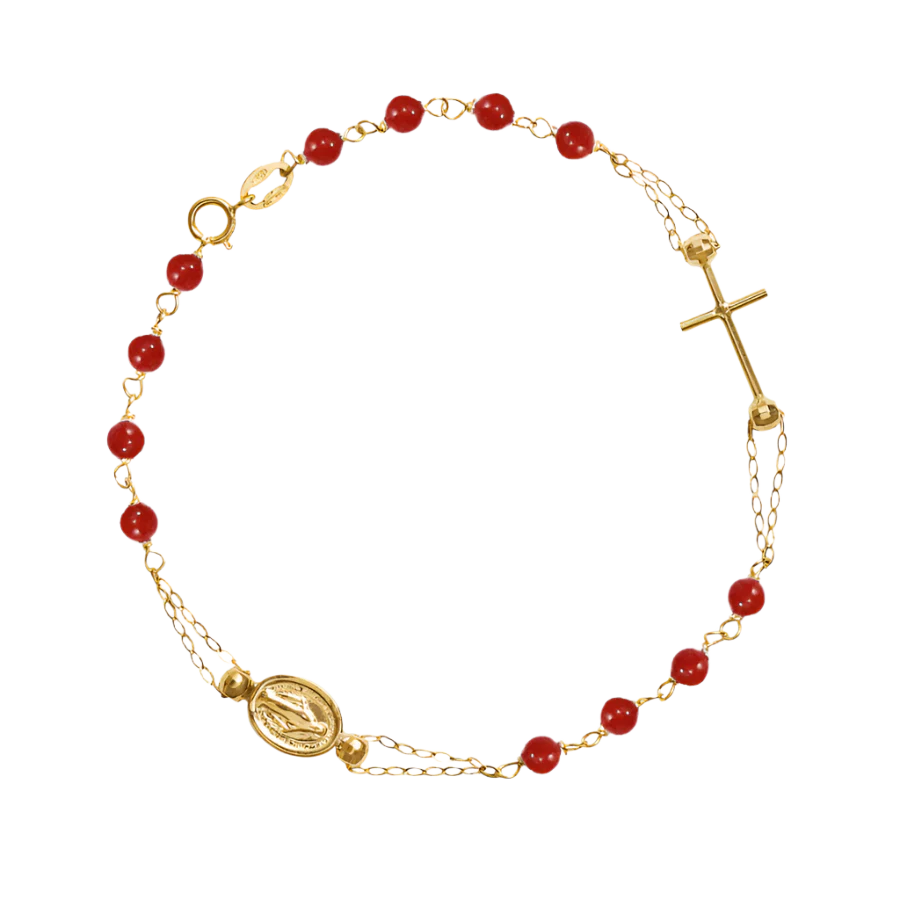 MIRACULOUS AND CROSS - CORAL ROSARY BRACELET - GOLD