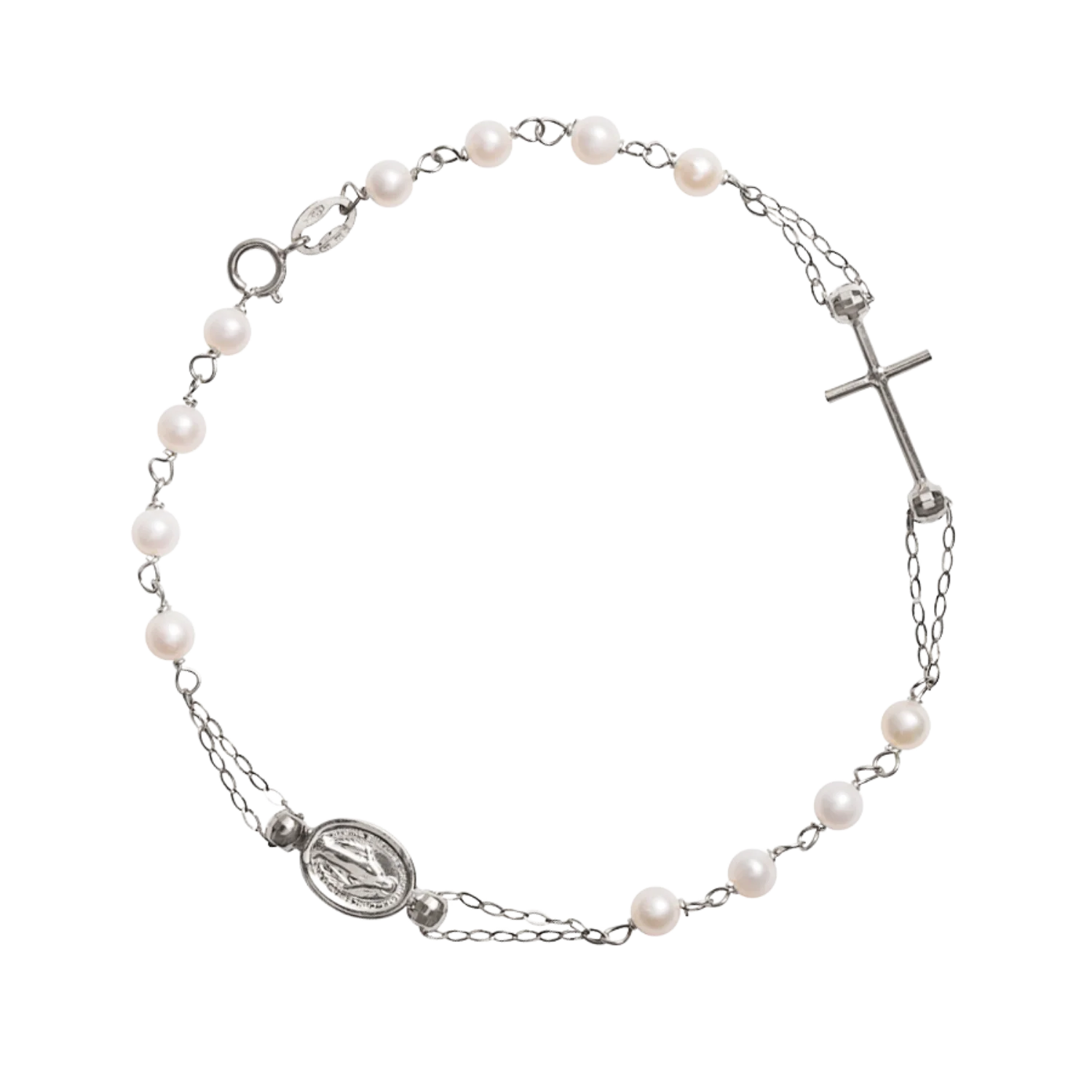 MIRACULOUS AND CROSS - PEARLS ROSARY BRACELET - WHITE GOLD