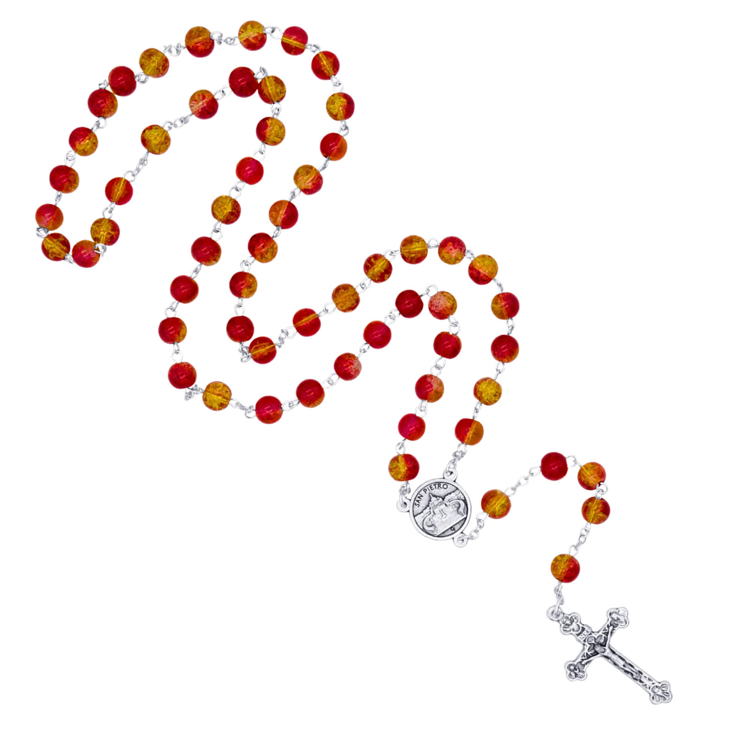 RED AND YELLOW GLASS  - ROSARY - METAL