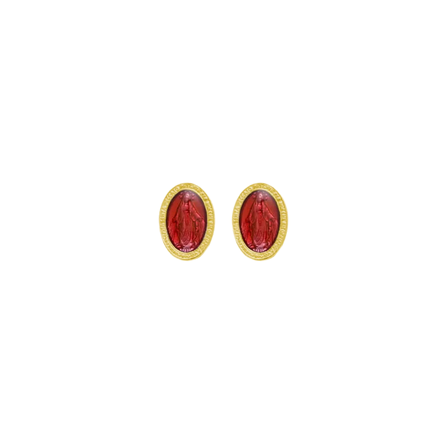 RED MIRACULOUS MEDAL - STUD EARRINGS - GOLDEN SILVER